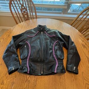 Vintage 80’s Unik Feminine Black Leather Retro Mobwife  Moto Jacket Purple Braid